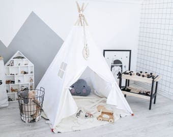 White Teepee Tent, Childrens Teepee, Canvas Teepee Tent, Play Teepee, Canvas Teepee, Play House, Teepee Set, Girl Teepee, Kids Wigwam, Tipi