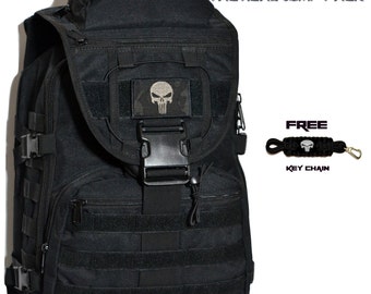 Custom PUNISHER Backpack Molle Pack Messenger Bag Laptop Pack + FREE + Punisher Nylon Key Chain - Daddy Diaper Bag Gym Bag and/or Day Pack