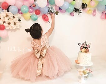 Lace dresses,V back dress,First birthday dresses,Pink flower girl dress,open back dress,Toddler pageant dress, Gold sequin bow dress,