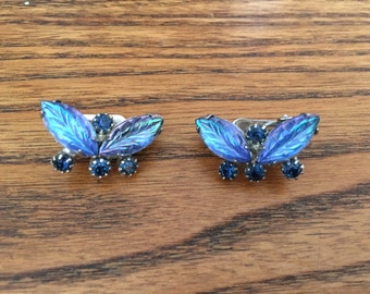 Vintage Iridescent Blue Molded Rhinestone Earrings 0965