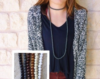Double wrap long wooden beaded necklace