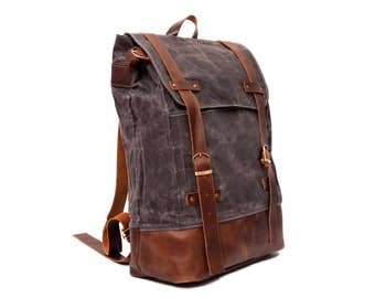 Real Leather Unisex waxed canvas Backpack,Leaf Roll Top Backpack,Laptop Backpack,Travel Bag,Canvas Backpack, Travel Bag,Travel backpack,