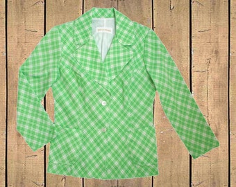 Vintage womens 1970s jacket Koret of California green & white check ILGWL Union USA Made UK 12