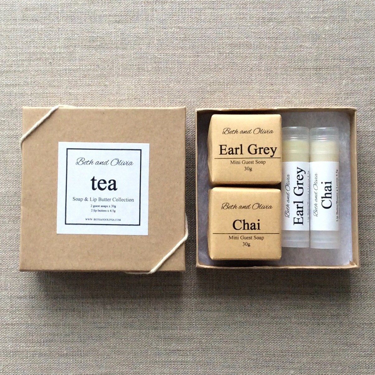 Tea Soap and Lip Butter Gift Set, lip balm gift set, soap gift set, chai gift set, guest soaps, Mother's Day gift, Earl grey gift set