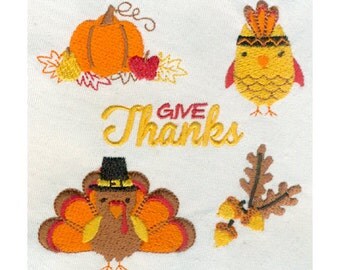 5 Thanksgiving Mini Designs Embroidery Designs - Pumpkin & leaves, Owl, Turkey, Acorn, Give Thanks - Instant Digital Download