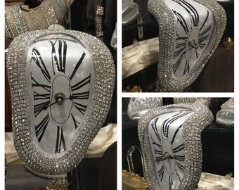 Melting Clock / Rhinestone Clock / Crystal Clcok / Dali Inspired Clock / Battery Operated