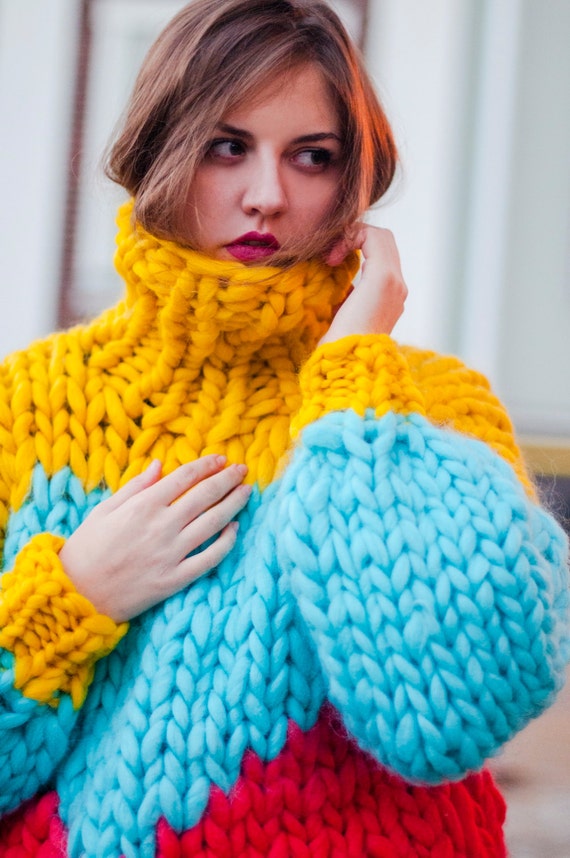 Chunky knit. Chunky sweater with heart. Multicolor knitted