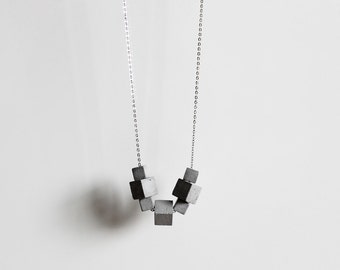 Concrete Jewelry, long concrete necklace, silver chain, statement necklace, architectural, modern jewellery, ORTOGONALE