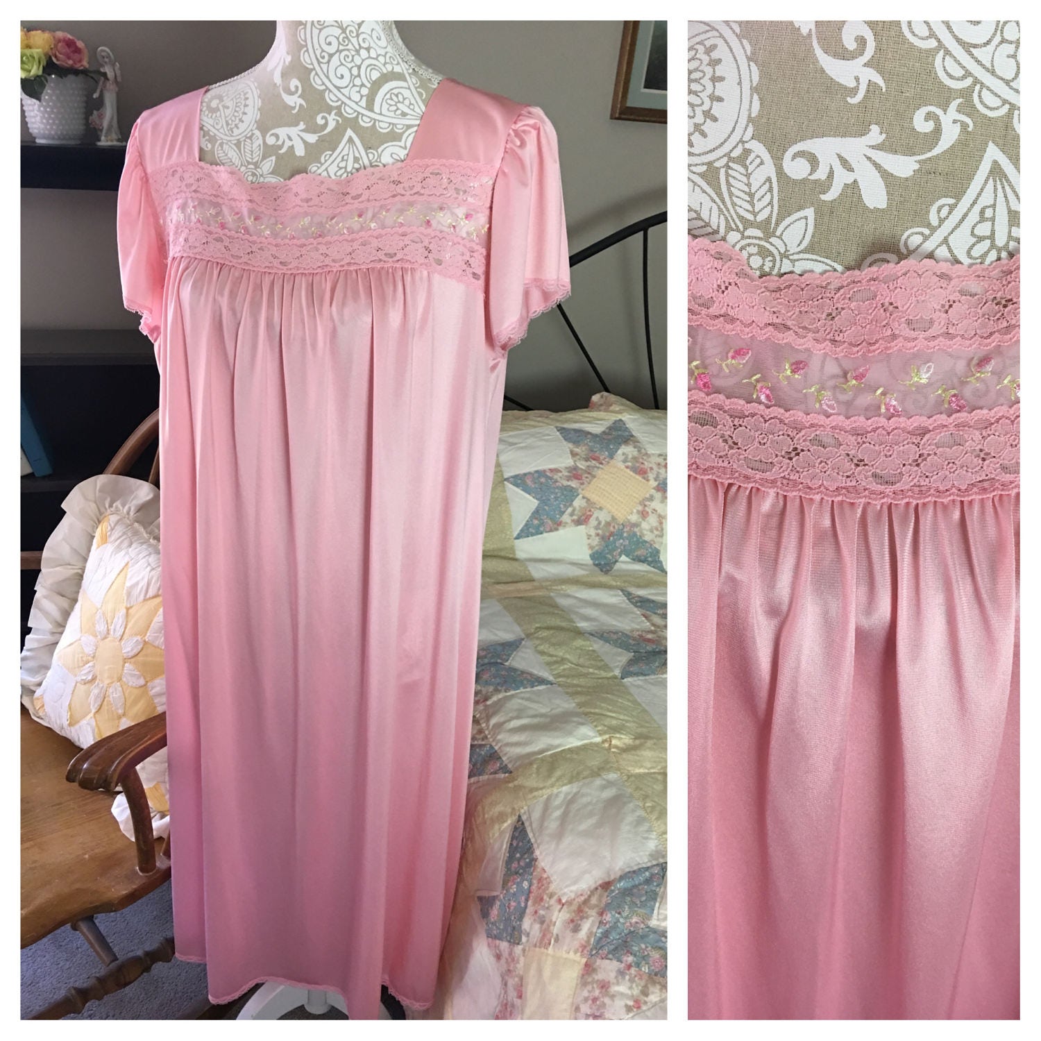 Vintage Pink Nylon Vanity Fair Nightgown Size L
