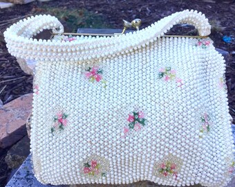 Vintage White Corde Bead Purse with Pink Flowers - Beaded Evening Bag - Vintage White Clutch - Wedding Purse