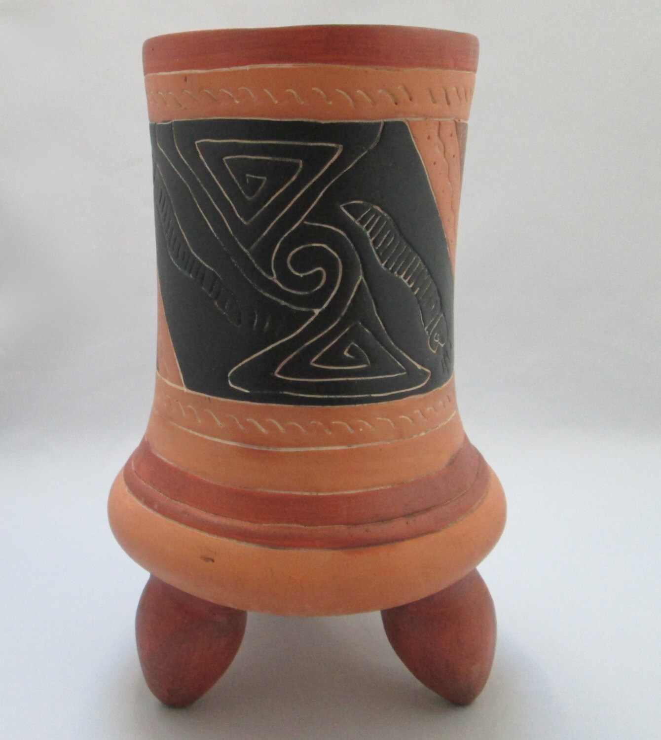 Mexican Terra Cotta Large Footed Vase Marked MEX 85