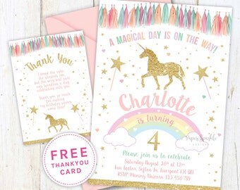 Unicorn invitation, Unicorn party, First birthday invitation, glitter invitation, first birthday, invite, baby girl, dreamcatcher, 1st pink