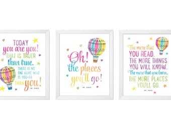Dr Seuss Prints, Set of 3 prints, PRINTABLE nursery Art, Dr. Seuss Quote, Oh the Places You'll Go, Today You Are You, The more that you read