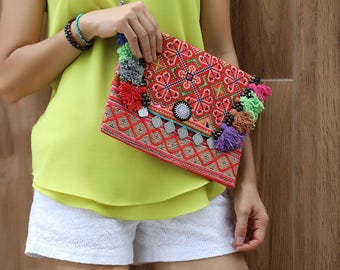 Hmong textile bags with Tassels and Coins , iPad Bag , Colorful Clutch , Ethnic bag