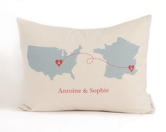 Personalized Map Pillow, Country To Country, State to State, Housewarming Gift, Graduation Gift, Anniversary Gift, Long Distance Friends