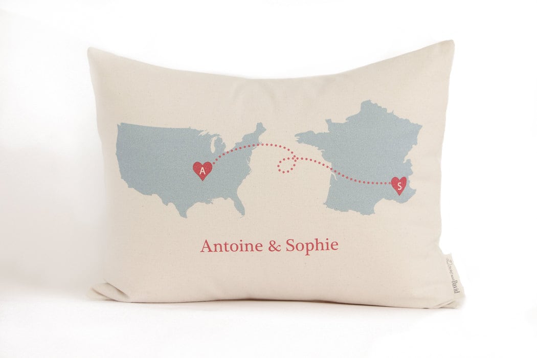 Personalized Map Pillow, Country To Country, State to State, Housewarming Gift, Graduation Gift, Anniversary Gift, Long Distance Friends