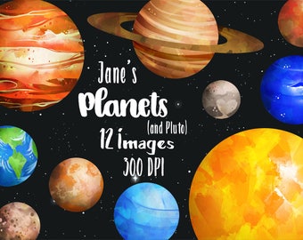 Planets Clipart - Solar System Download - Instant Download - Watercolor Planets Graphics - Mars, Earth, Jupiter, and more!