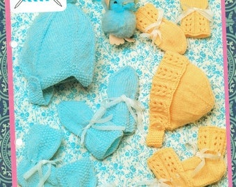 Original Vintage Pretty Baby Knitting Pattern Bonnet Helmet & Bootees Mitts Lister Lee K1684 Pram Set Baby Boy, Baby Girl, Kitsch RARE