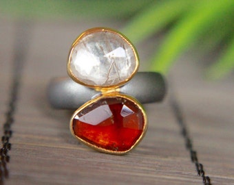 Sterling silver 925 oxidized ring with rose cut garnet and rutilated quartz stones