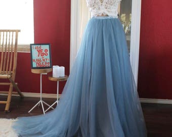 Dusty blue bridal tulle skirt with train / boho skirt with train / tulle wedding skirt / detachable wedding beach skirt / removable skirt