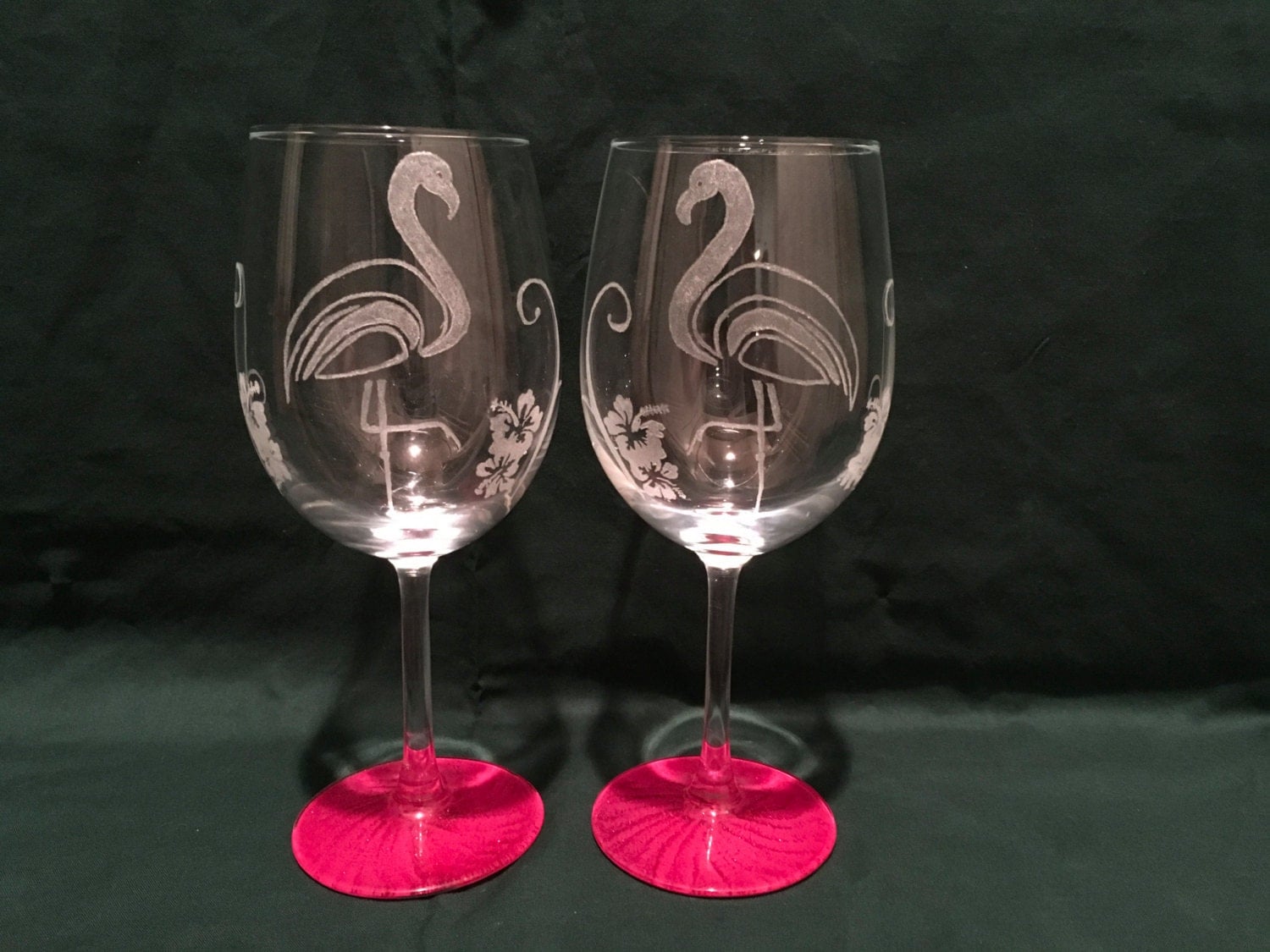 Hand etched Flamingo wine glass
