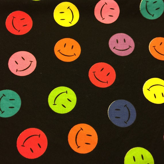 Smiley Face Fabric. FQ. Happy Face Fabric. Emoji Fabric. Black