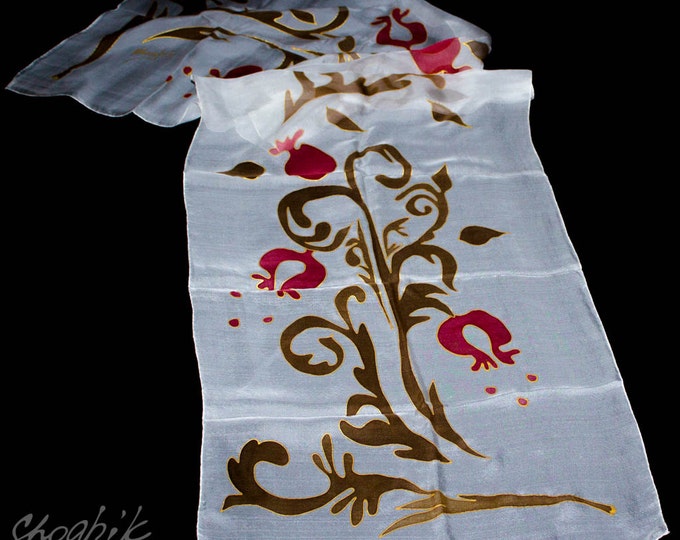 Hand Painted Silk Scarf - Batik - Armenian silk scarf - Pomegranate - Red, Black, White - Armenian Gift