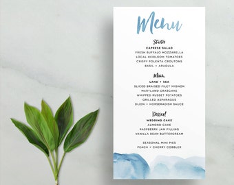 watercolor ombre wedding menus // brush lettering // aqua blue periwinkle navy sand pink red watercolor // printable digital // custom menu