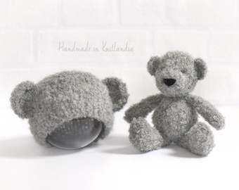 Small Teddy Bear and Matching Hat, Handknitted Toy and Hat Set, Newborn Photo Prop