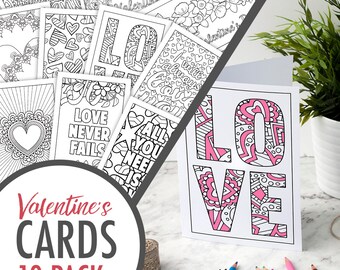 Valentine’s Day Coloring Cards – Set of 10 Printable Greeting Cards to color and make for a Valentine's Day Gift | Printable PDF Templates