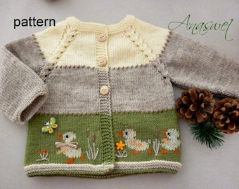 Baby knitting patterns.Pattern baby cardigan.Baby cardigan with ducklings.Baby clothes.