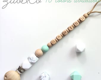 Dummy clip pacifier chain holder soother wood silicone personalised name baby shower gift attache sucette tetine portacuccio schnullerkette