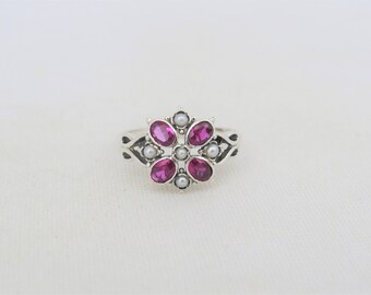 Vintage Sterling Silver Ruby & Seed Pearl Ring Size 7