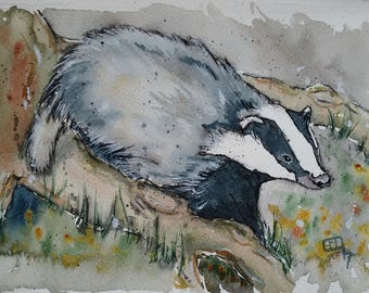 Original Watercolour Painting Badger animal illustration