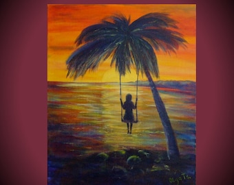 Painting acrylic on canvas art Sunset painting abstract gifts for women evening painting ideas bright decor colorful wall art palm tree art