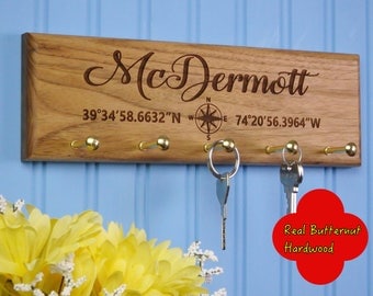 Custom Wood Key Holder - Latitude & Longitude Coordinates - Housewarming Gift - Personalized New House Present - Our First Home
