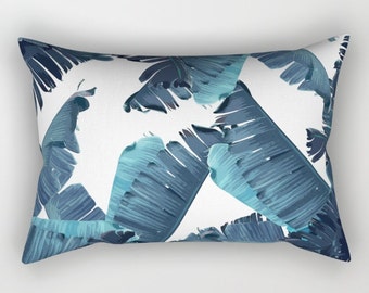 Blue Pillow, Tropical Home Decor, Blue Tropical Throw Pillow, Tropical Glam Accent Pillow, Banana Leaf Pillow, Leaf Print Lumbar Pillow