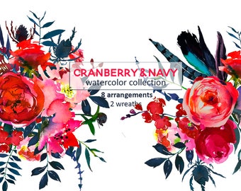 Red Navy Watercolor Flowers Boho Chic Clipart Tribal Floral Bouquets Sprays Wreaths PNG Hand Painted Florals Scarlett Indigo Bull Scull