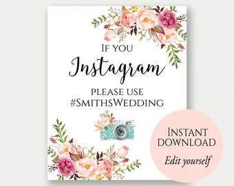 Instagram Wedding Sign, If You Instagram Sign, Instagram Sign Template, Editable Signs, Wedding Hashtag Sign, Instagram Sign, Wedding Props