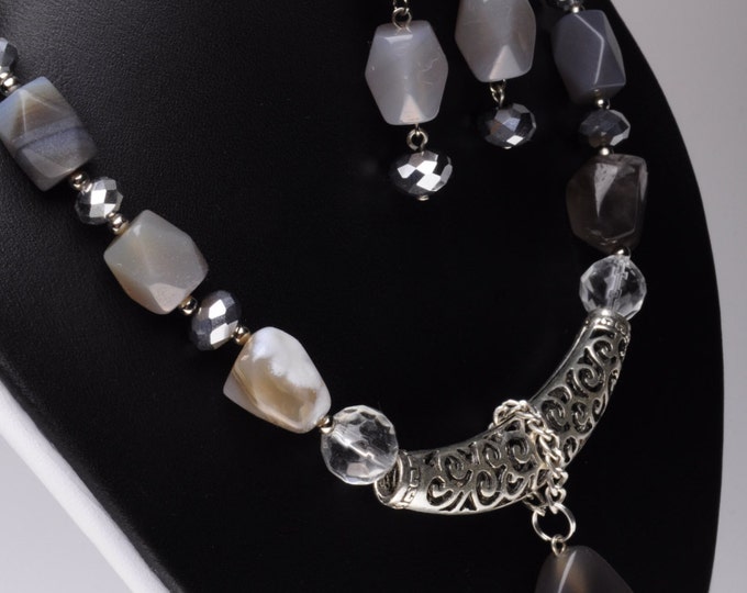 Set Black White necklace earrings agate choker gift Christmas New Year Valentine Day beautiful woman classy crystal gift for his birthday