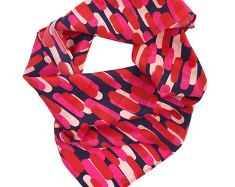 Silk scarf / Gift for her / 100% silk crepe de chine / Coral, pink, red strokes on navy