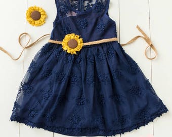 Flower girl dress, rustic flower girl dress,country flower girl ,burlap flower girl dress,Navy Blue lace flower girl dress, Sunflower Dress,