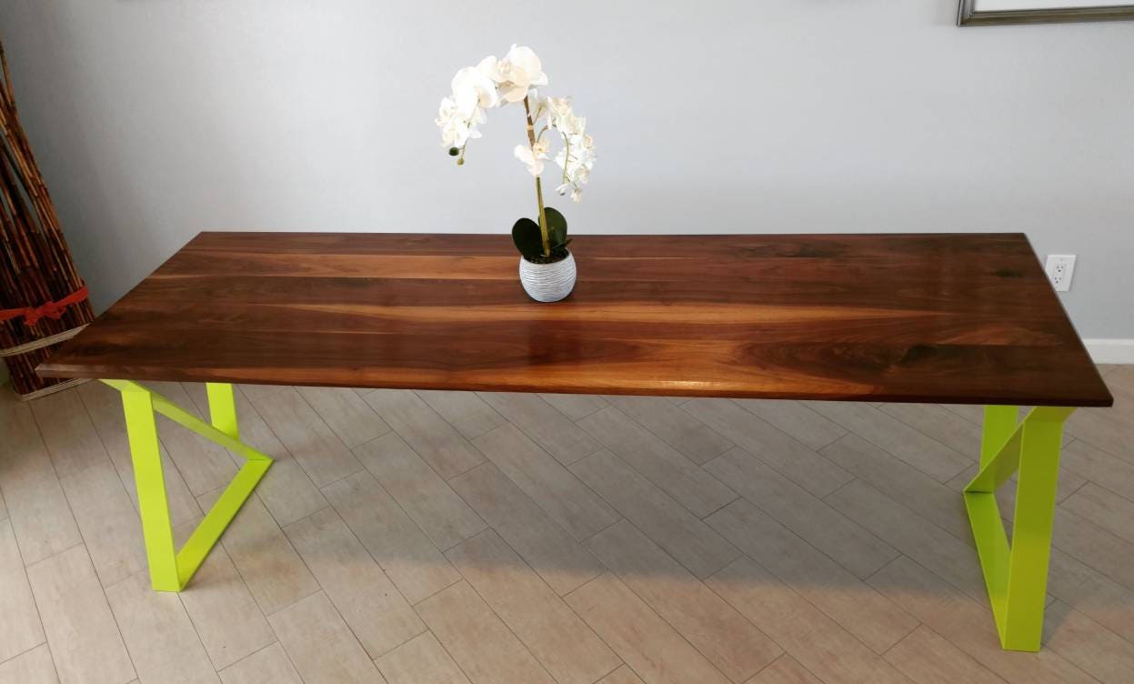 Mid Century Modern Black Walnut Dining Table with Lime Green