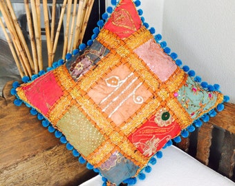 Square Cushion Cover Hemp Linen, Indian Embroidery, Pom-pom