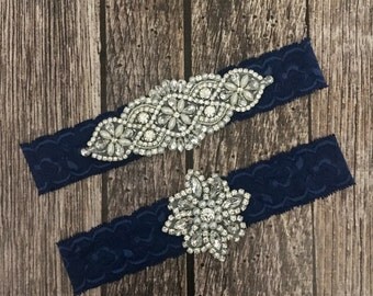 Wedding garter, pearl garter, navy garter, garter toss, lace and pearl, wedding garter set, garter set, something blue