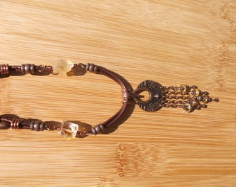 Madiera citrine/antique copper/leather necklace