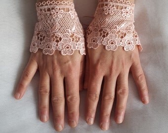 wedding, peach wrist cuffs, bridal gloves,peach, lace,custom lace style,french lace,Free shipping.