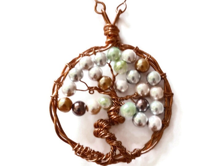 Copper and Swarovski Glass Pearl Tree of Life Pendant Necklace
