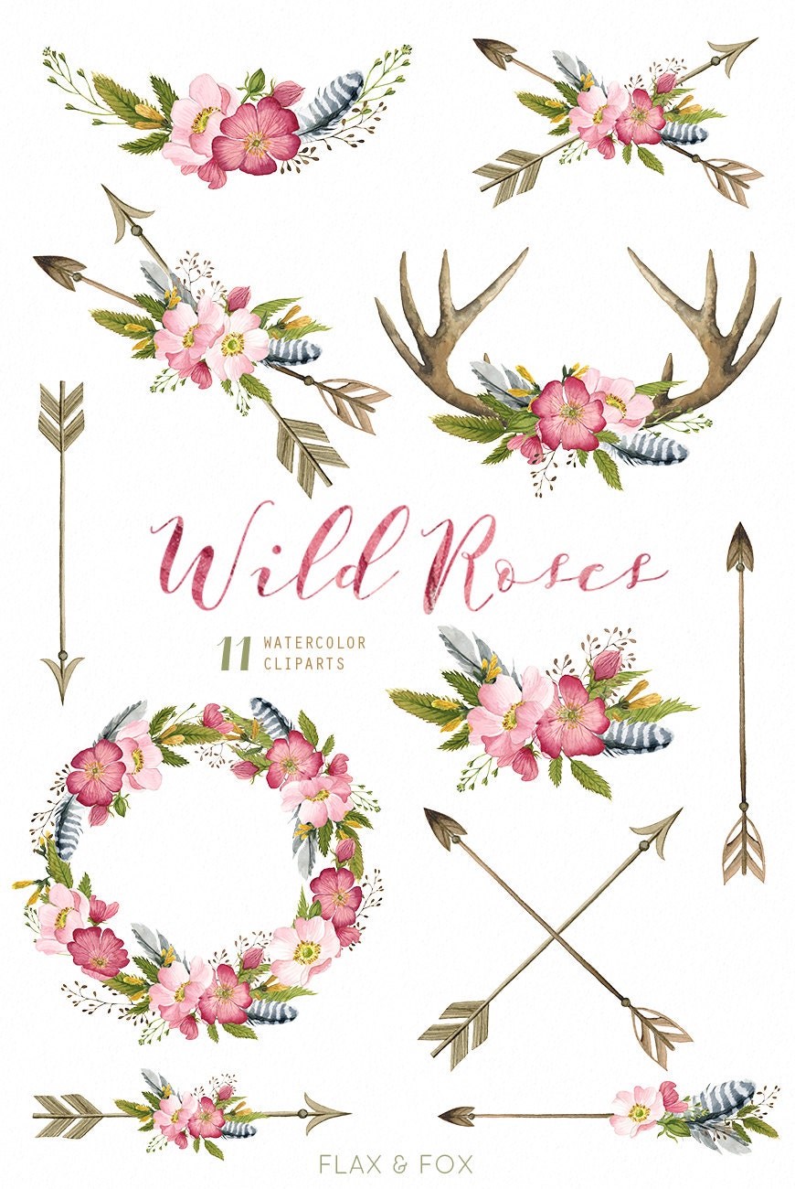 Download Wild Roses Watercolor Bouquets, Wreath, Antlers, Arrows ...