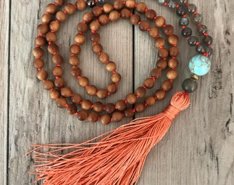 Boho 108 Mala Necklace with Labradorite and Sandalwood/Mala Bead Necklace/Boho Jewelry/Yoga Jewelry/Meditation Beads/Knotted/Silk Tassel